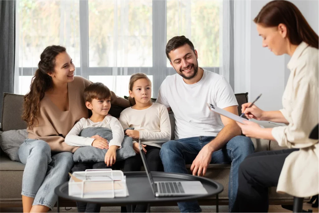 happy-family-discussing-with-lady